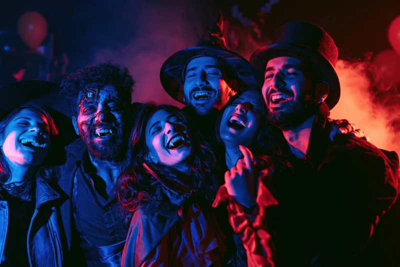 Group of young adults in halloween costumes laughing and dancing at a party