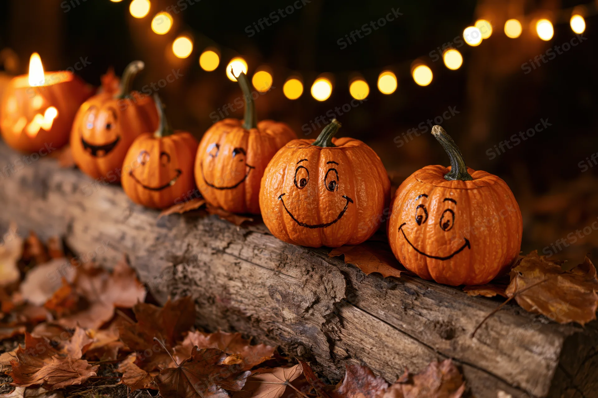 Small pumpkins with painted cartoon faces arranged in a row on a wooden log surrounded by autumn leaves at night with string lights glowing in the background
