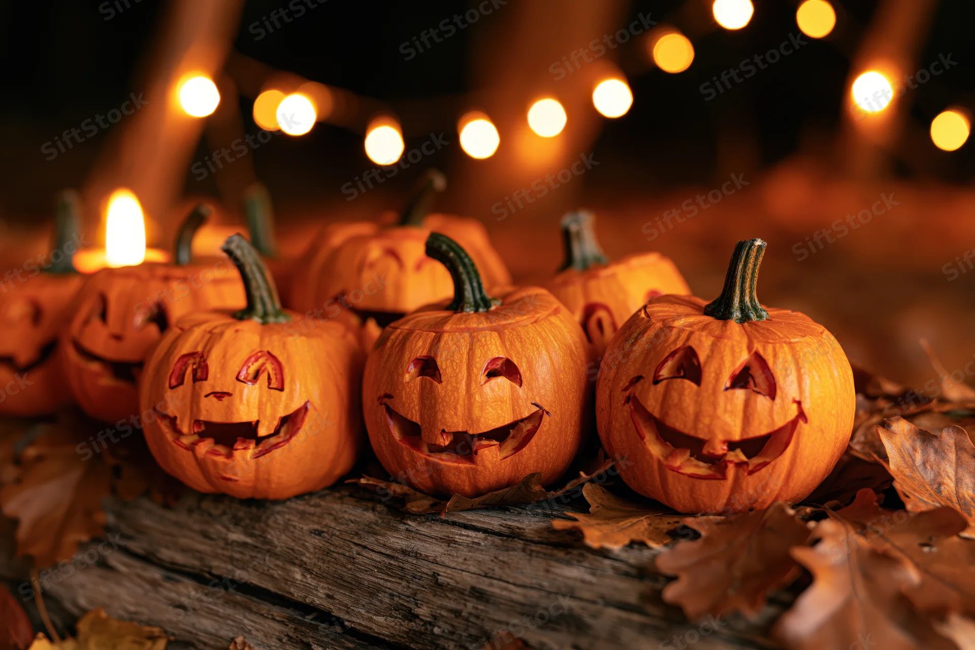Carved pumpkins with smiling faces arranged on a wooden log surrounded by dried leaves and warm string lights at night