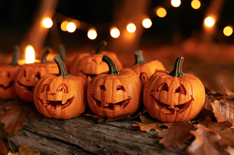 Carved pumpkins with smiling faces arranged on a wooden log surrounded by dried leaves and warm string lights at night