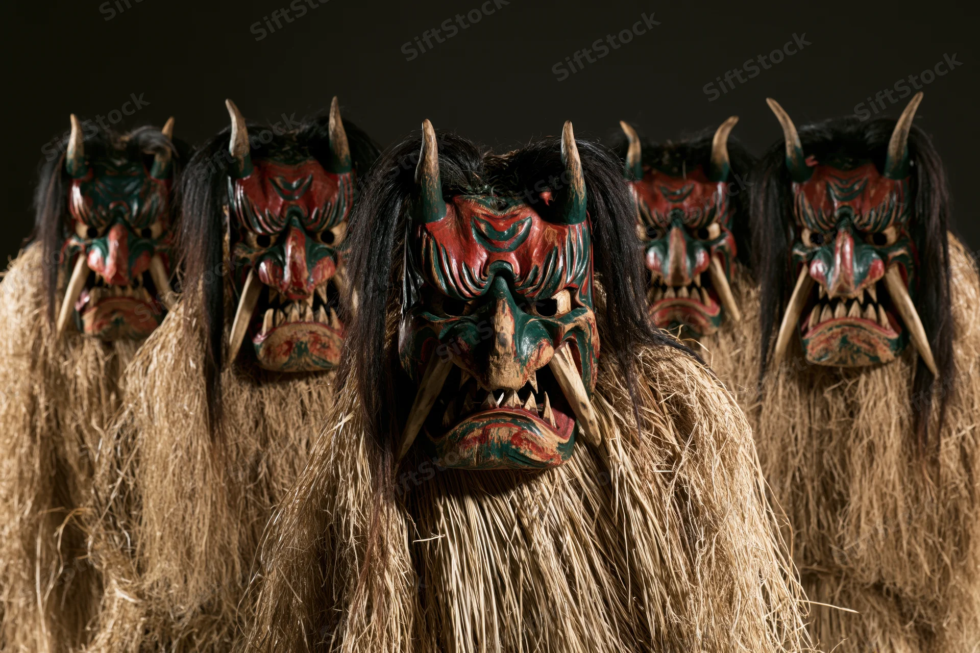 Traditional Japanese Namahage demon figures in straw costumes with painted wooden masks and horns standing in a row
