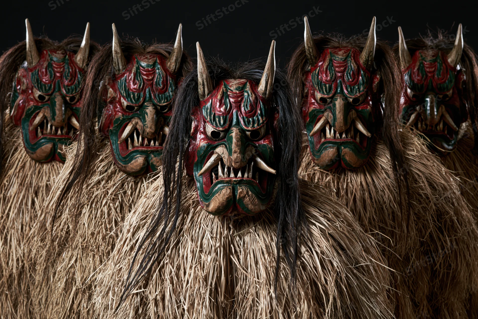Row of traditional japanese namahage demon figures with horned masks and straw costumes standing in line against dark background