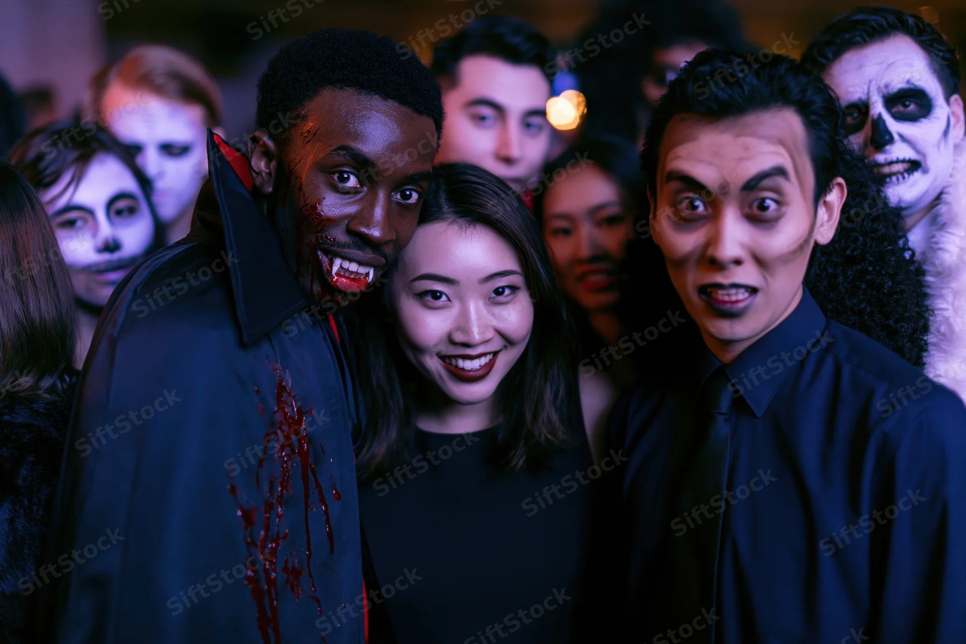 Group of young adults in halloween costumes posing together at a party