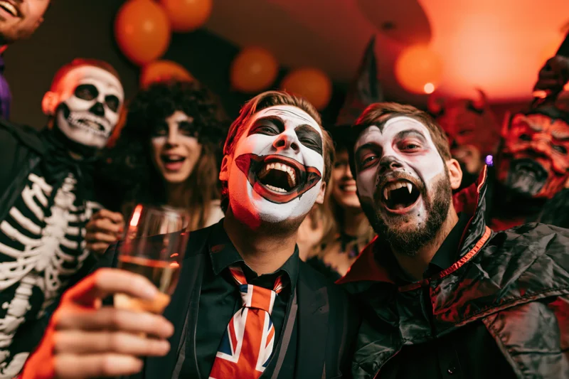 Young adults in halloween costumes laughing and drinking at a party indoors