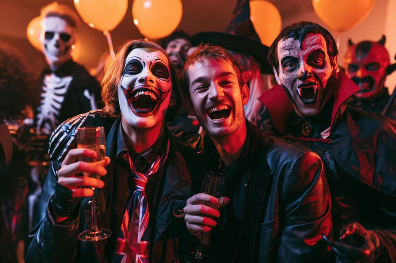 Two young men laughing and holding champagne glasses at a halloween party with costumed friends in the background