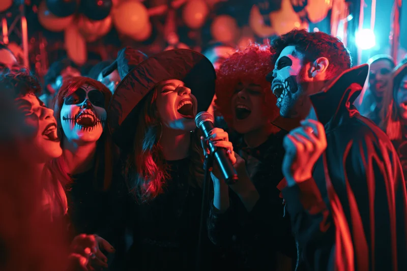 Group of young adults in halloween costumes singing into a microphone at a party