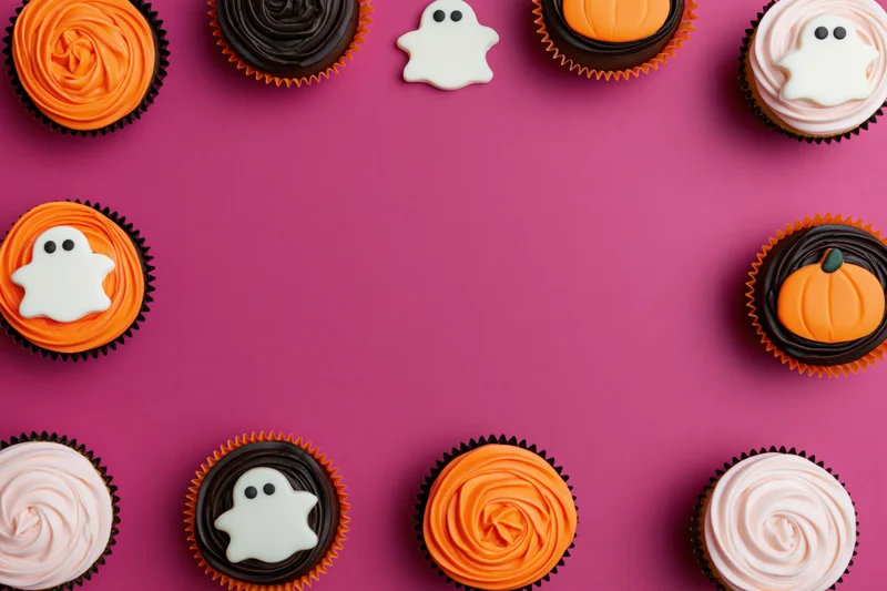 Halloween cupcakes with ghost and pumpkin decorations arranged in a border on pink background