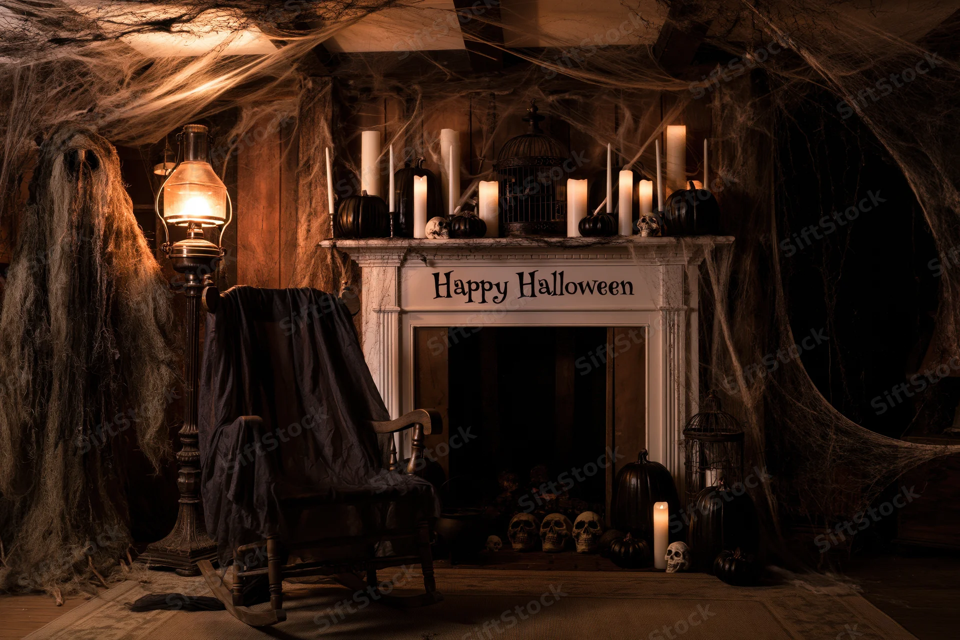 Halloween-decorated room with rocking chair draped in fabric near a fireplace with candles and pumpkins