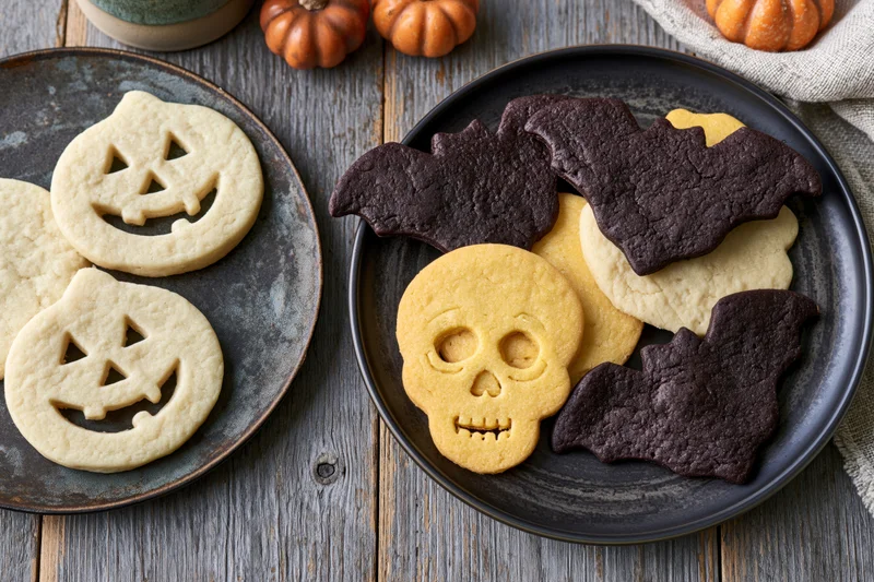 Halloween-shaped sugar cookies arranged on dark ceramic plates on a weathered wooden table