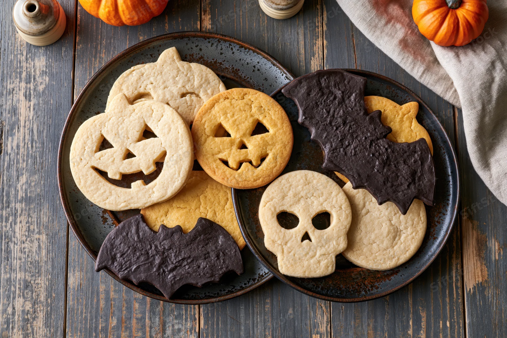 Halloween-shaped sugar cookies arranged on dark wooden table with pumpkins and cloth napkin