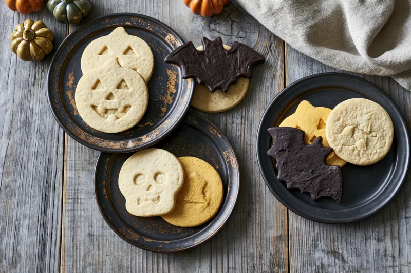 Halloween-shaped sugar cookies arranged on dark ceramic plates on a weathered wooden table