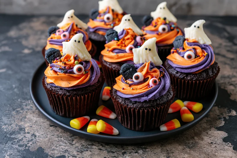 Halloween-themed chocolate cupcakes with ghost and candy corn decorations on a dark plate