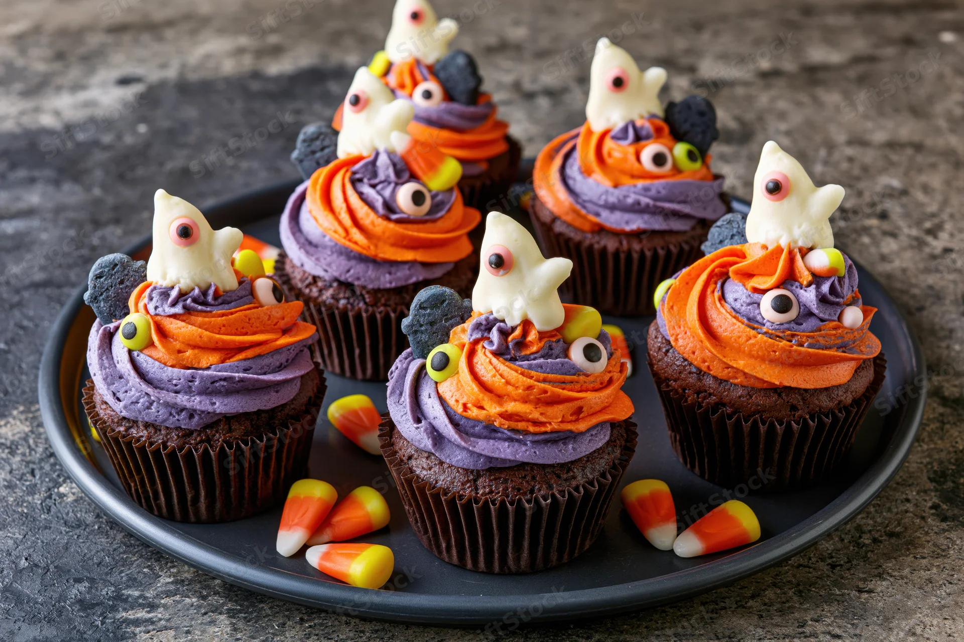 Halloween-themed chocolate cupcakes with ghost and candy corn decorations on a dark plate
