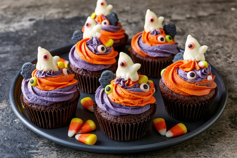 Halloween-themed chocolate cupcakes with ghost and candy corn decorations on a dark plate