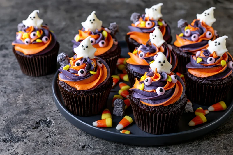 Halloween-themed chocolate cupcakes with ghost and candy corn decorations on a dark plate