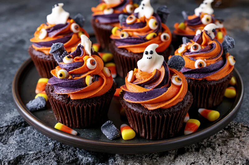 Halloween-themed chocolate cupcakes with orange and purple frosting, ghost and candy eye decorations, arranged on a dark round plate