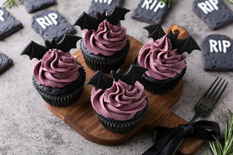 Halloween-themed chocolate cupcakes with purple frosting and bat wings on a wooden board surrounded by tombstone cookies