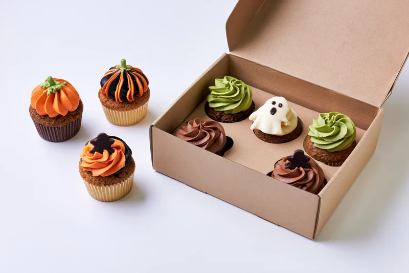 Halloween-themed cupcakes with pumpkin ghost and bat decorations arranged beside an open cardboard box on white surface