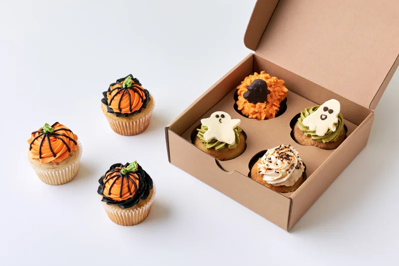 Halloween-themed cupcakes with pumpkin and ghost decorations in a cardboard box on white background