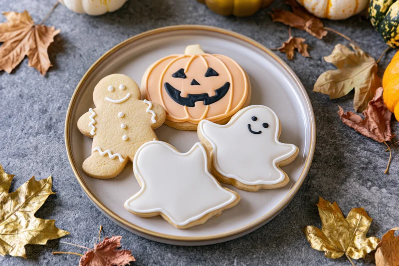 Halloween-themed decorated sugar cookies shaped as ghosts, pumpkins, and gingerbread figures on a plate surrounded by autumn leaves