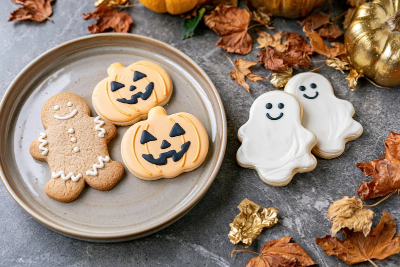 Halloween-themed decorated sugar cookies shaped as pumpkins, ghosts, and a gingerbread figure on a ceramic plate with autumn leaves and pumpkins around