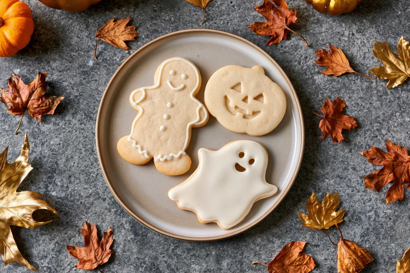 Halloween-themed sugar cookies shaped as ghost, pumpkin, and gingerbread figure on a plate surrounded by autumn leaves
