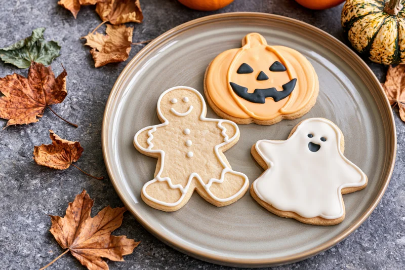Halloween-themed decorated sugar cookies shaped as pumpkin ghost and gingerbread figure on a plate surrounded by autumn leaves