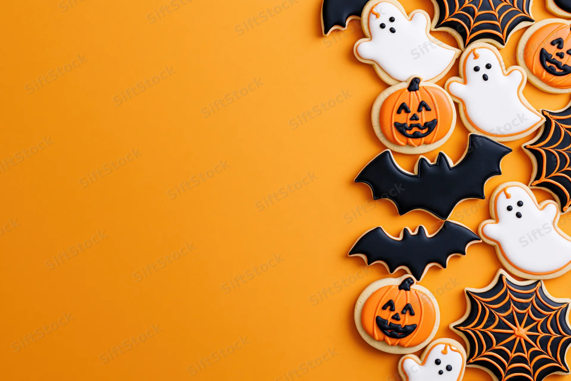 Halloween-themed sugar cookies shaped as pumpkins, ghosts, bats and spiderwebs arranged along the right side of an orange background