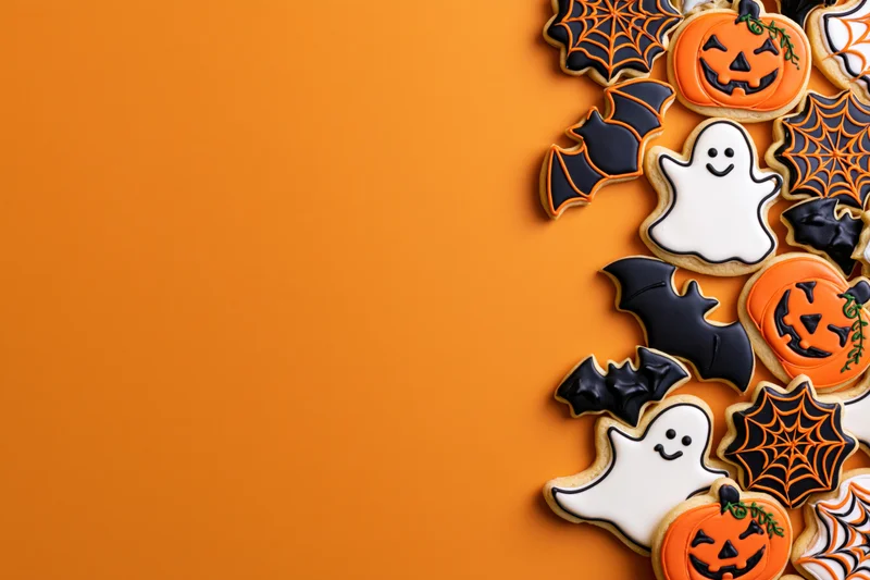 Halloween-themed sugar cookies decorated as pumpkins, ghosts, bats, and spiderwebs arranged along the right side of an orange background with copyspace on the left