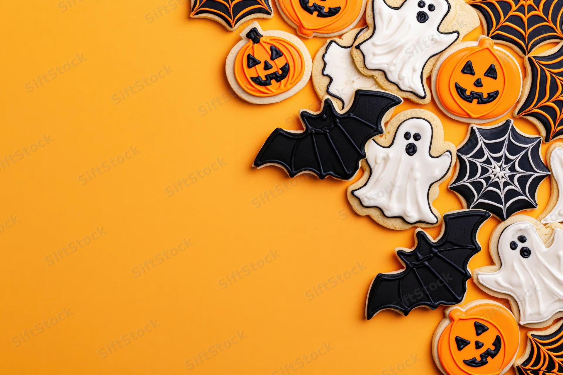 Halloween-themed sugar cookies shaped as pumpkins ghosts bats and spiderwebs arranged on orange background with copyspace