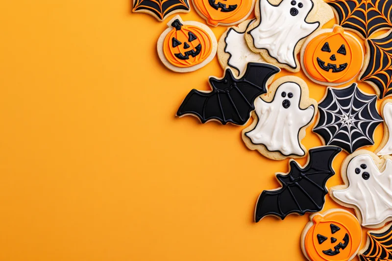 Halloween-themed sugar cookies shaped as pumpkins ghosts bats and spiderwebs arranged on orange background with copyspace
