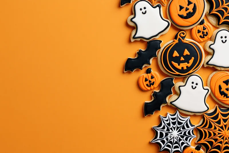 Halloween-themed decorated sugar cookies arranged on orange background with copyspace