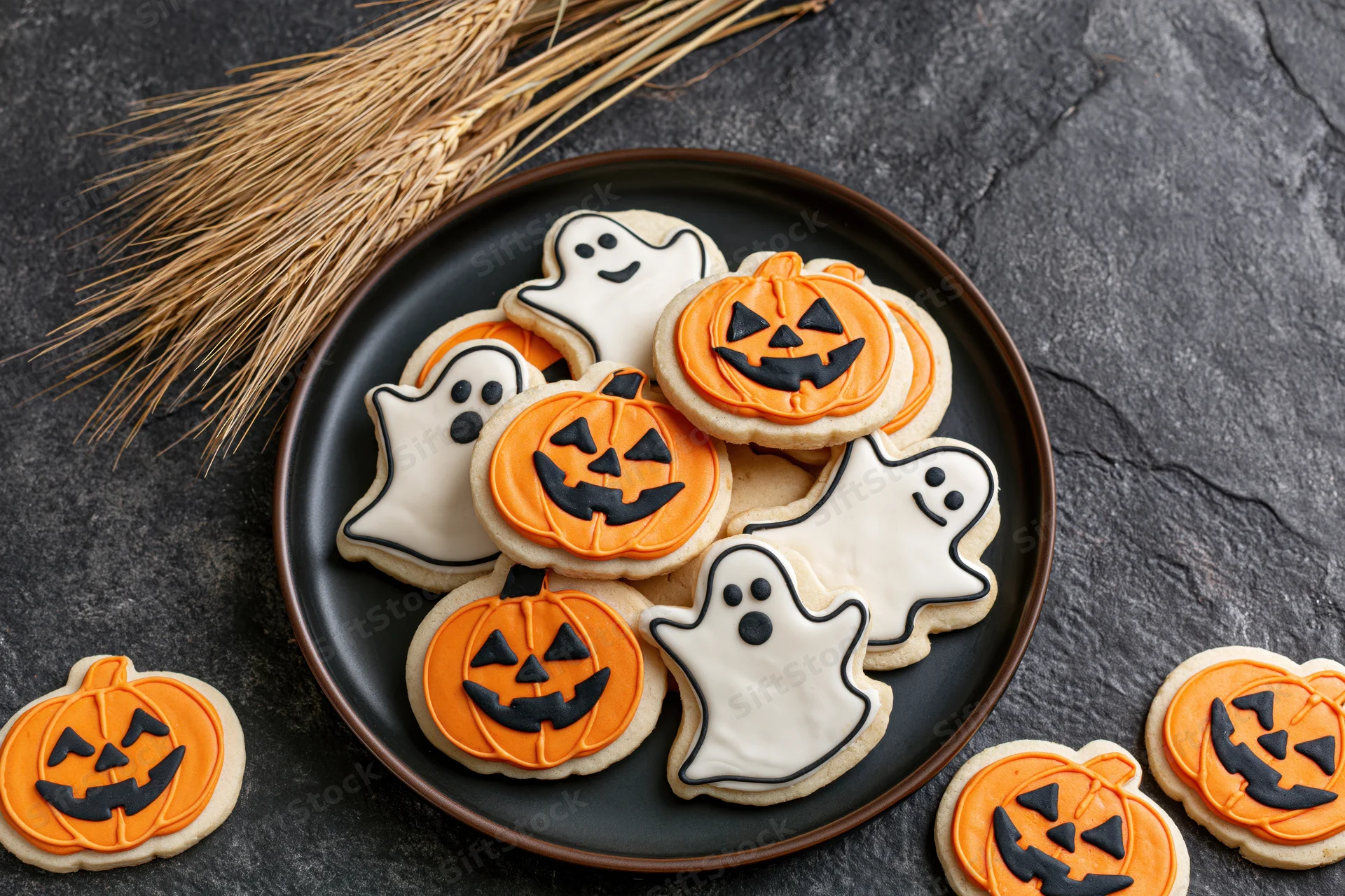 Halloween-themed sugar cookies shaped like jack-o-lanterns and ghosts on a black plate with a straw broom beside it