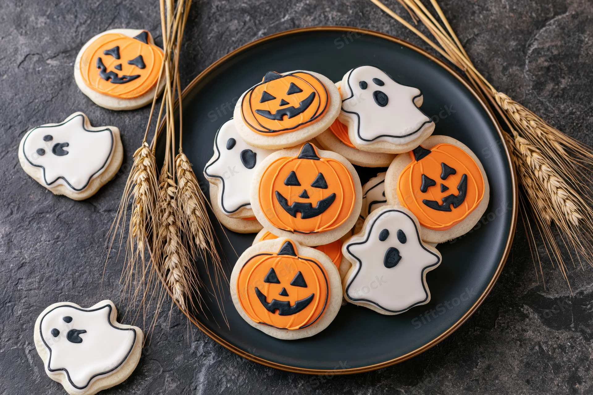 Halloween-themed sugar cookies shaped like jack-o-lanterns and ghosts on a black plate with wheat stalks on dark surface
