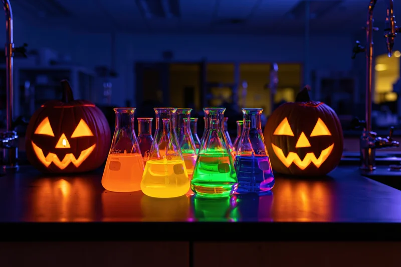 Glowing jack-o-lanterns and colorful beakers on a lab bench at night