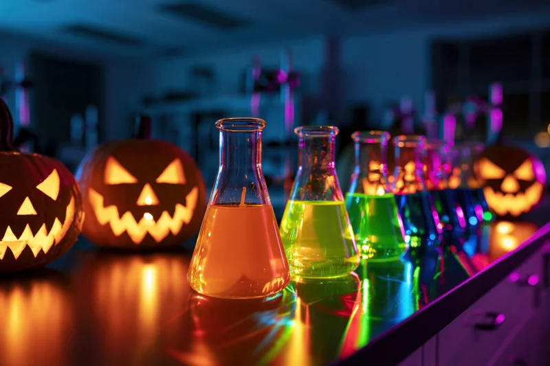 Glowing jack-o-lanterns and colorful beakers on a lab bench for halloween