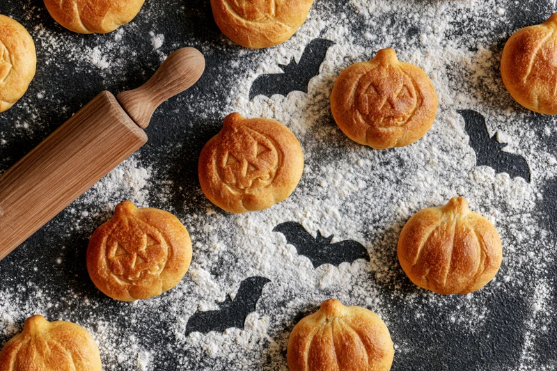 Pumpkin-shaped bread rolls arranged on a floured black surface with a wooden rolling pin and bat silhouettes for halloween baking