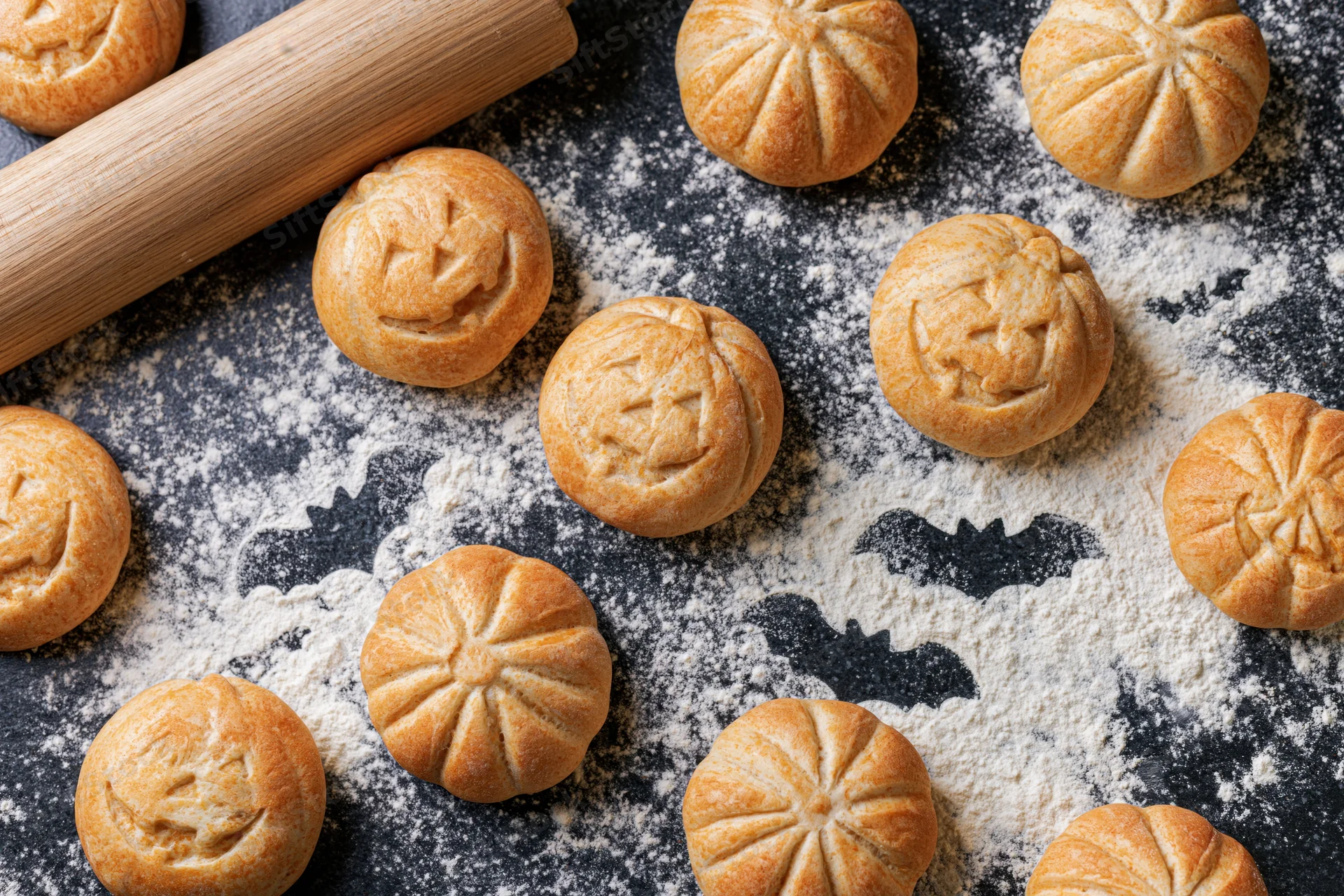 Pumpkin-shaped bread rolls with jack-o-lantern faces and bat shapes in flour on dark surface