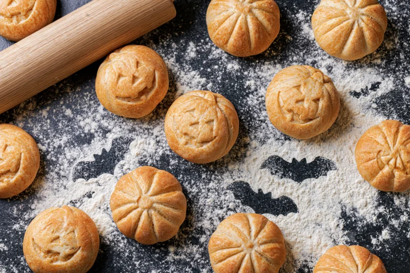 Pumpkin-shaped bread rolls with jack-o-lantern faces and bat shapes in flour on dark surface