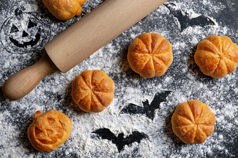 Pumpkin-shaped bread rolls and a wooden rolling pin arranged on a floured dark surface with halloween decorations