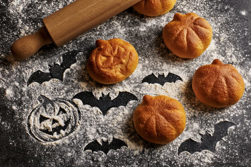 Pumpkin-shaped bread rolls and flour decorations on dark countertop for halloween baking