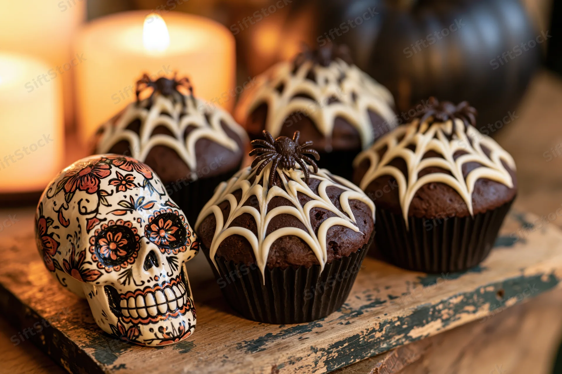 Chocolate cupcakes with white icing spiderwebs and a decorative skull on a rustic wooden tray near lit candles