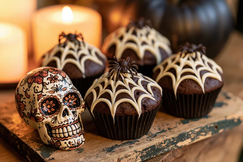 Chocolate cupcakes with white icing spiderwebs and a decorative skull on a rustic wooden tray near lit candles
