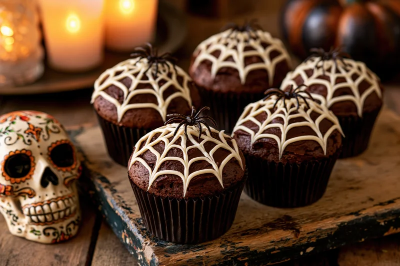 Chocolate cupcakes with white icing spiderwebs and plastic spiders on a wooden tray beside a decorative skull and lit candles