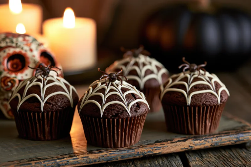 Chocolate cupcakes with white icing spiderwebs and chocolate spiders on a wooden tray near candles and halloween decor