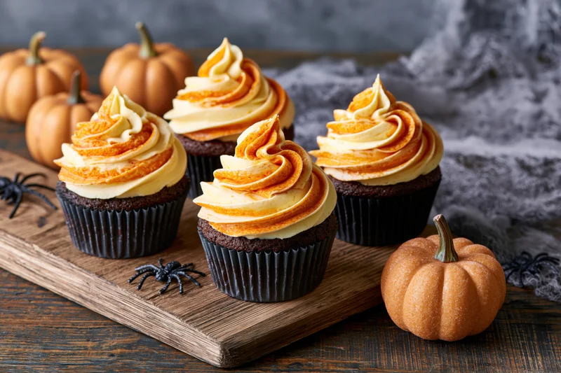 Chocolate cupcakes with orange and cream frosting swirls on a wooden board surrounded by small pumpkins and spiders for halloween