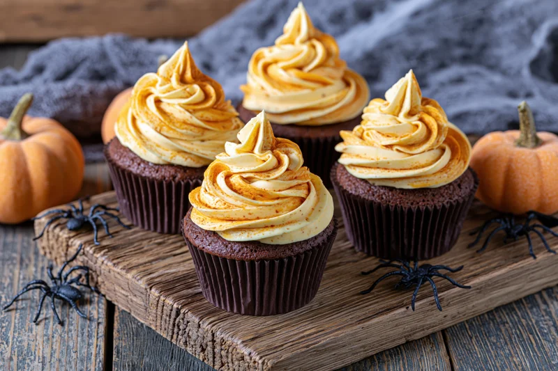 Chocolate cupcakes with orange and cream frosting swirls on a wooden board surrounded by pumpkins and plastic spiders for halloween