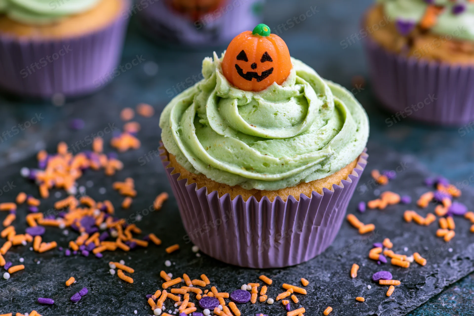 Halloween cupcake with green frosting and pumpkin topper in purple foil wrapper on dark slate surface surrounded by orange and purple sprinkles