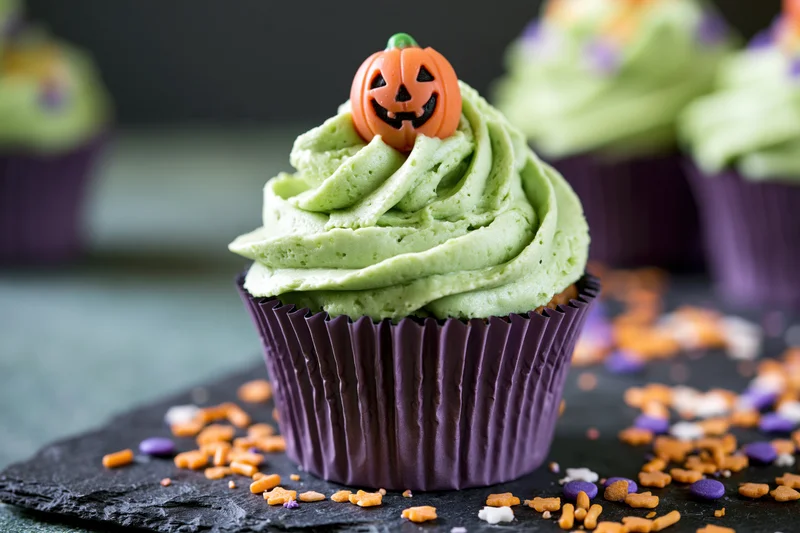 Halloween cupcake with green frosting and jack-o-lantern candy on slate surface