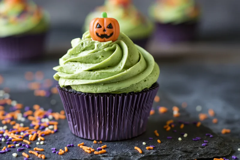 Halloween cupcake with green frosting and jack-o-lantern topper on dark surface surrounded by colorful sprinkles